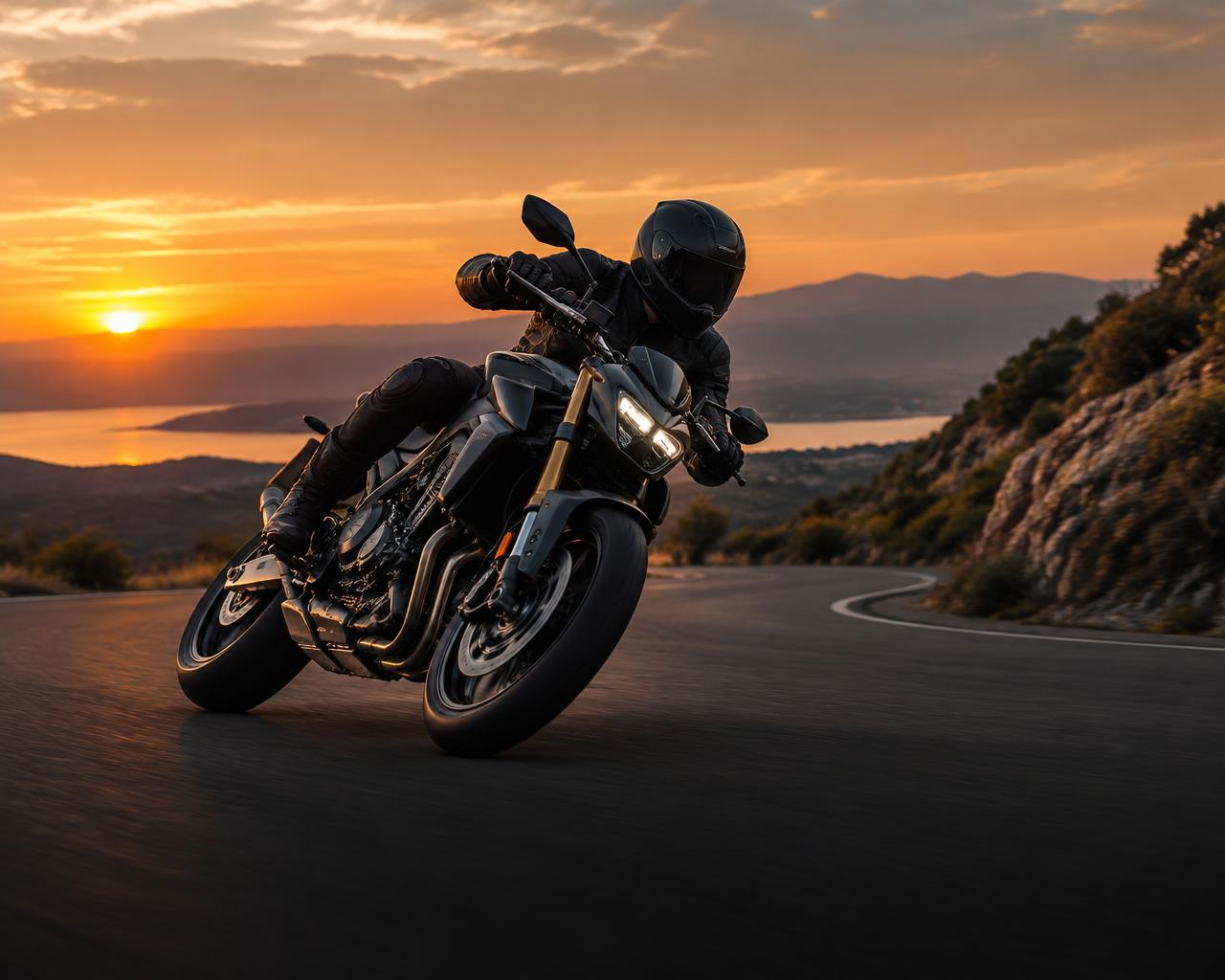Motorcycle carving through a mountain road at sunset