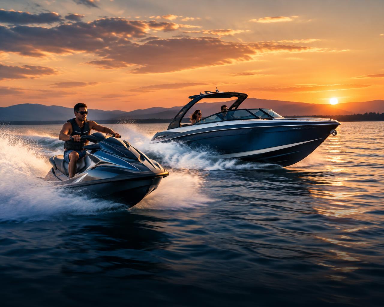 Sport boat and personal watercraft crossing a lake at sunset